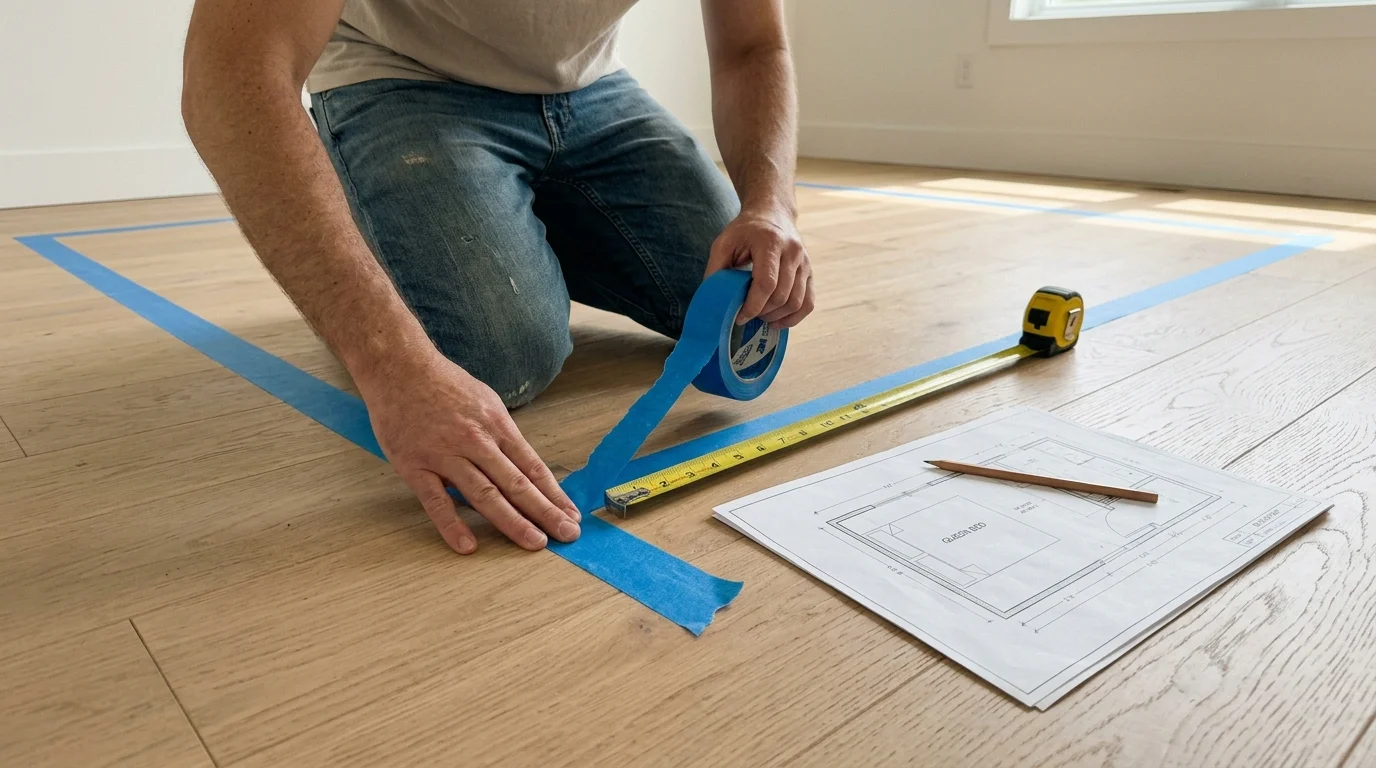 Person kneeling on a light wood floor using blue painter's tape and a tape measure beside a floor plan sketch.
