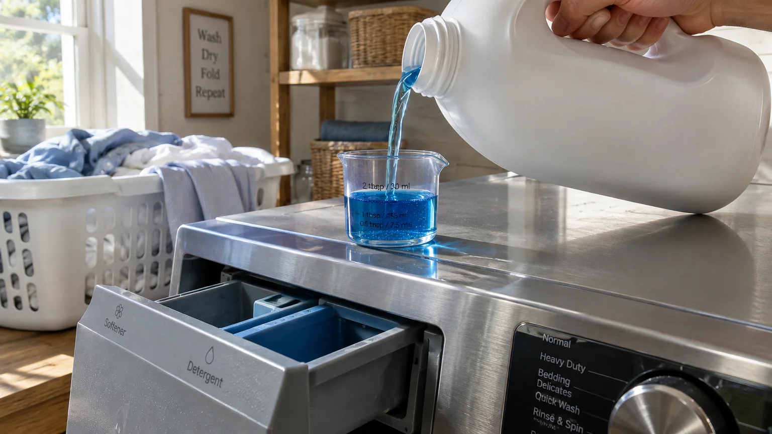 Blue liquid detergent poured from a white bottle into a clear measuring cup on top of a stainless steel washing machine.