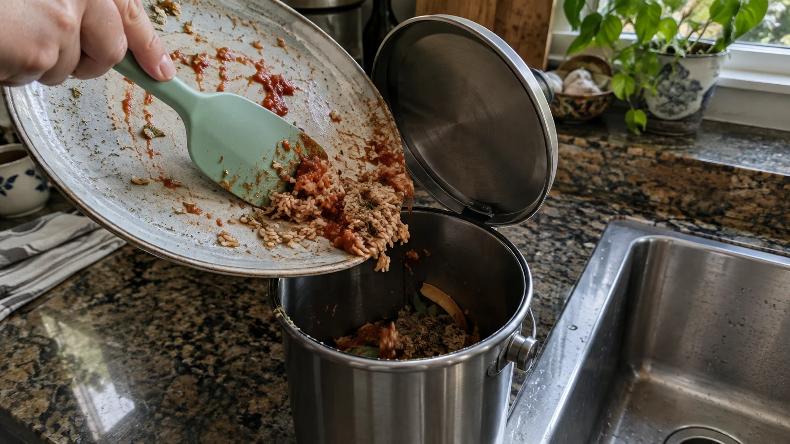 A person uses a green silicone spatula to scrape rice and sauce from a pan into a small stainless steel compost pail.