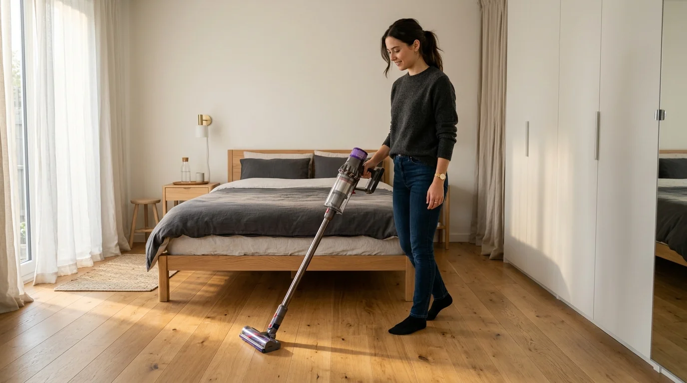 A smiling woman vacuums a light hardwood floor beside a made wooden bed in a bright, modern bedroom.