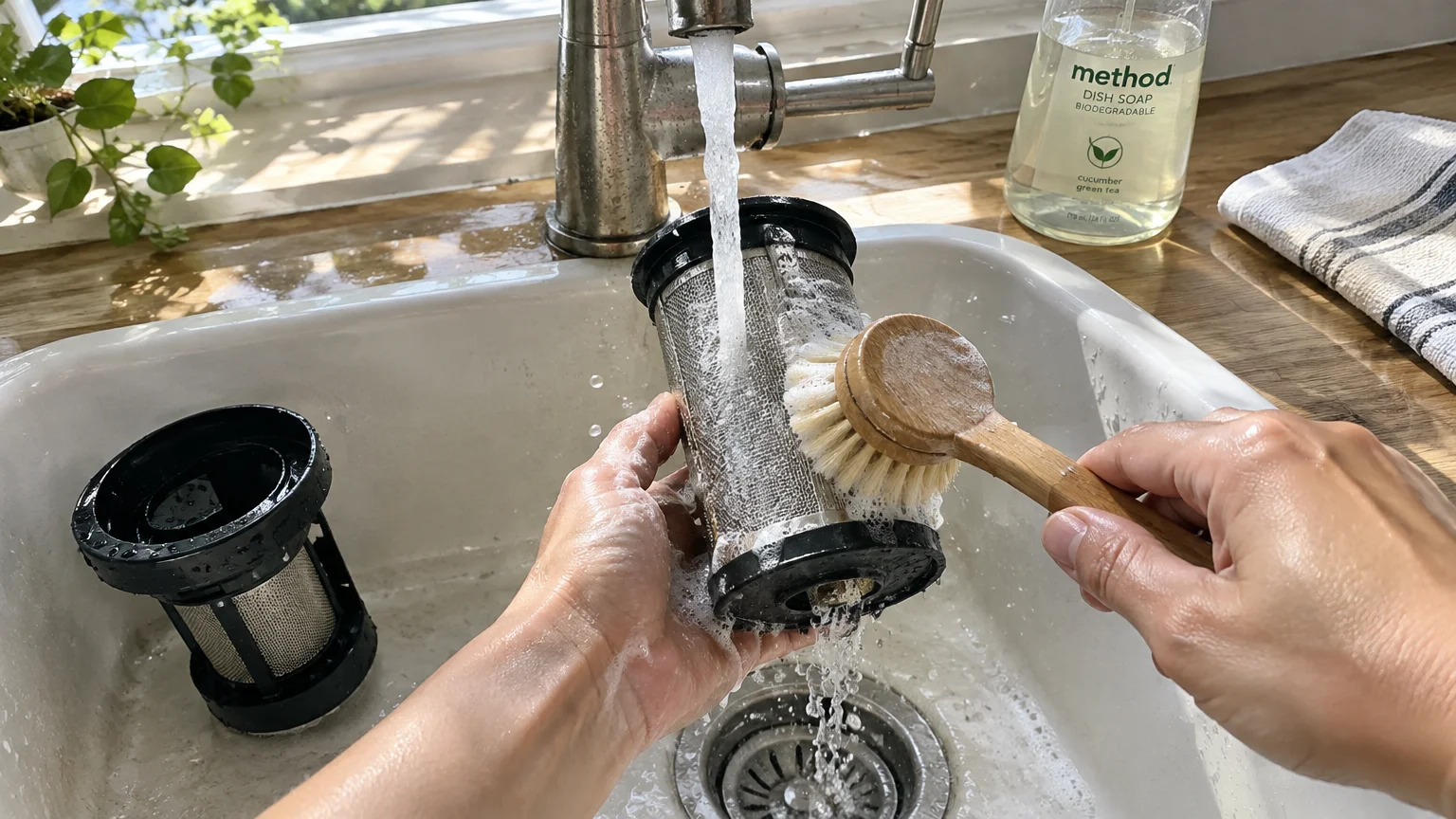 Hands scrubbing a cylindrical mesh dishwasher filter with a wooden brush under running tap water in a kitchen sink.