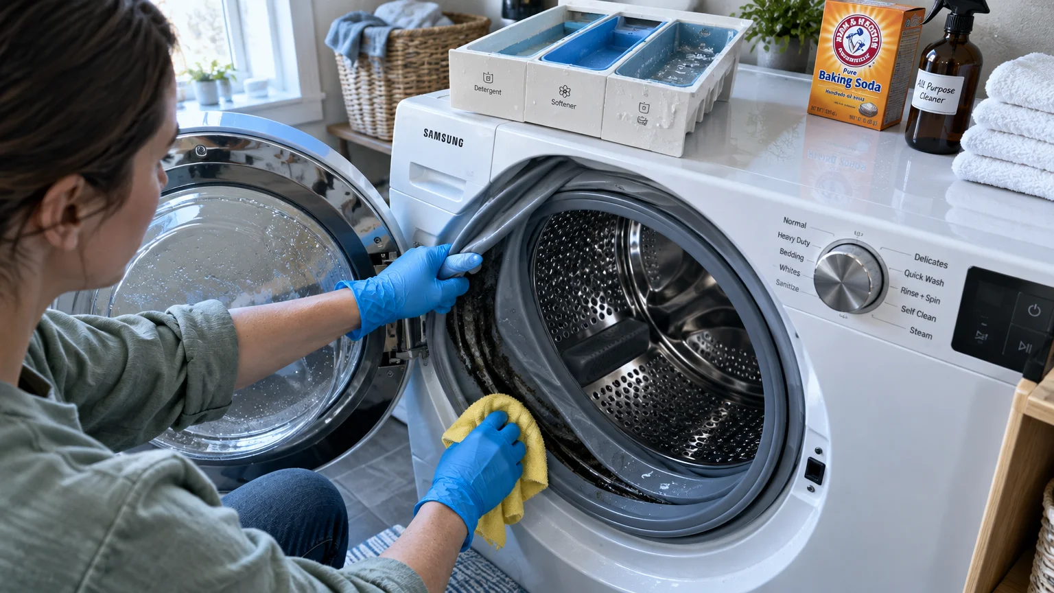 A person in blue gloves wipes dark grime from a washing machine's rubber door gasket using a yellow cloth.