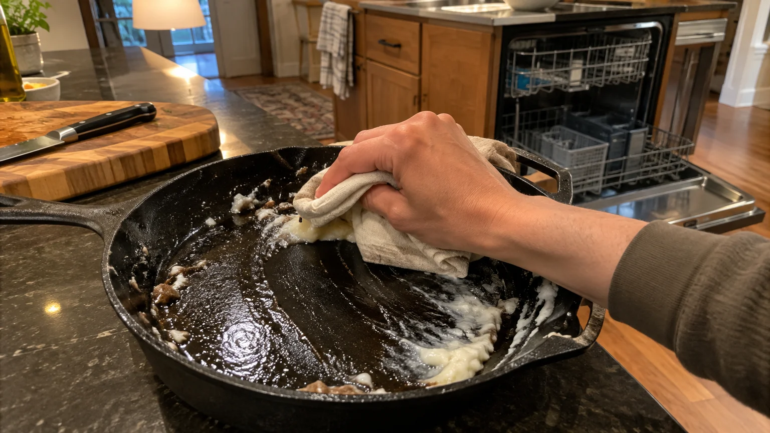 A hand wipes white grease from a black cast-iron skillet with a cloth in a kitchen near an open dishwasher.