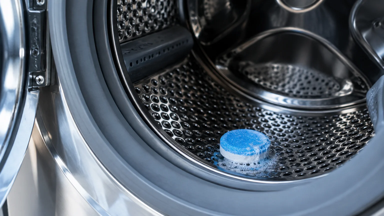A round blue and white cleaning tablet resting inside the stainless steel drum of a front-loading washing machine.