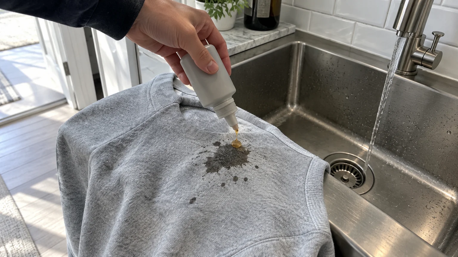 A person applies drops of liquid soap from a squeeze bottle onto a stained gray sweatshirt draped over a kitchen sink.