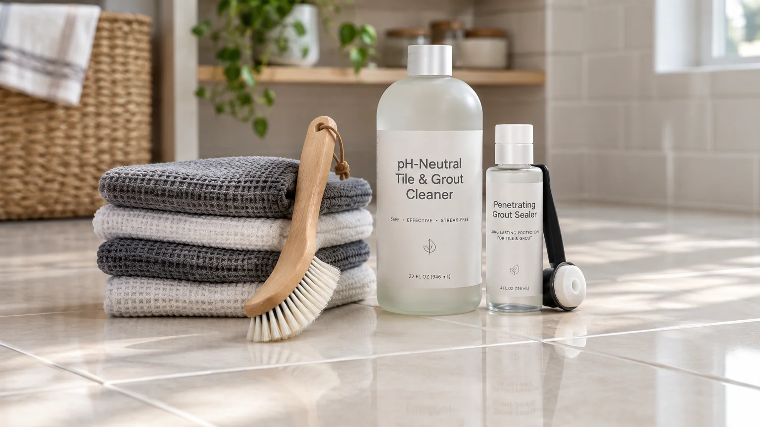 Tile cleaner and grout sealer bottles beside stacked microfiber towels and a wooden scrub brush on a tiled floor.