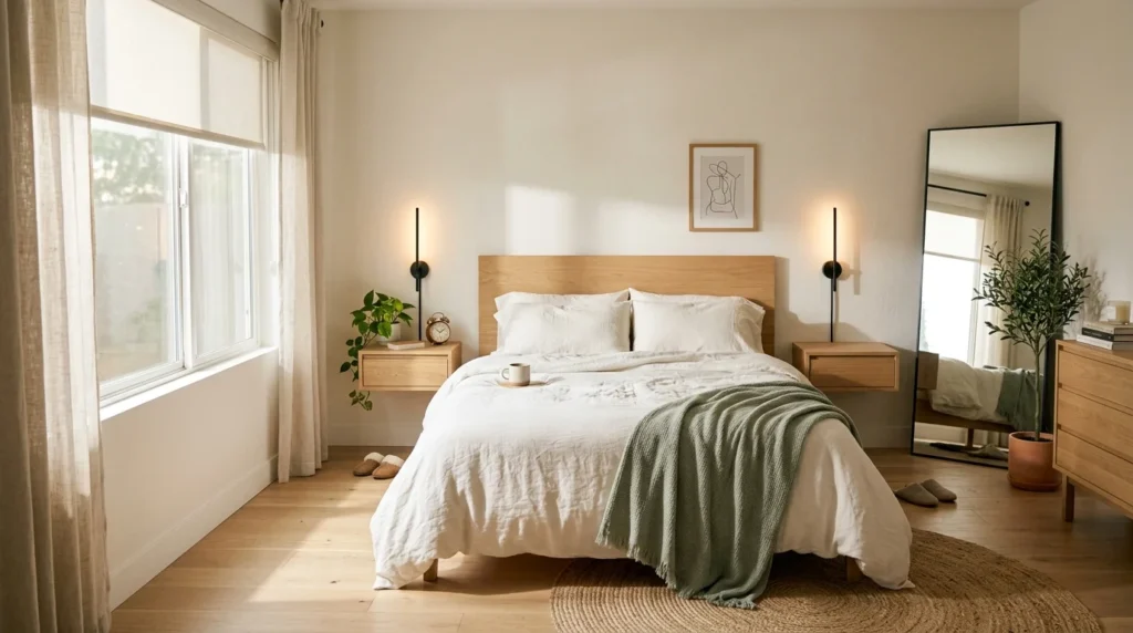 Bright minimalist bedroom featuring a light wood bed, floating nightstands, wall sconces, and a full-length mirror.