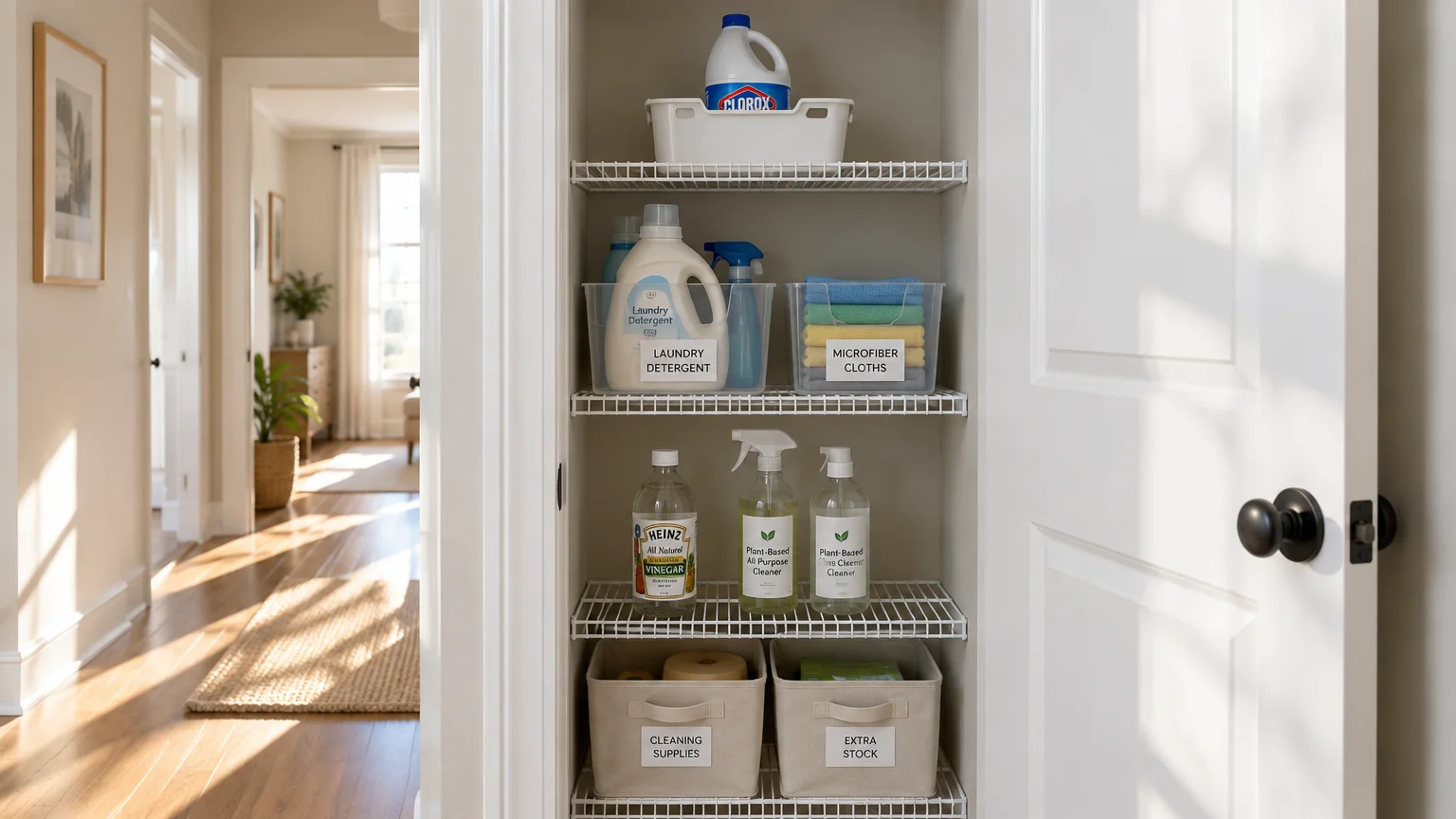 Organized utility closet with wire shelves holding labeled bins, cleaning spray bottles, detergent, and vinegar.