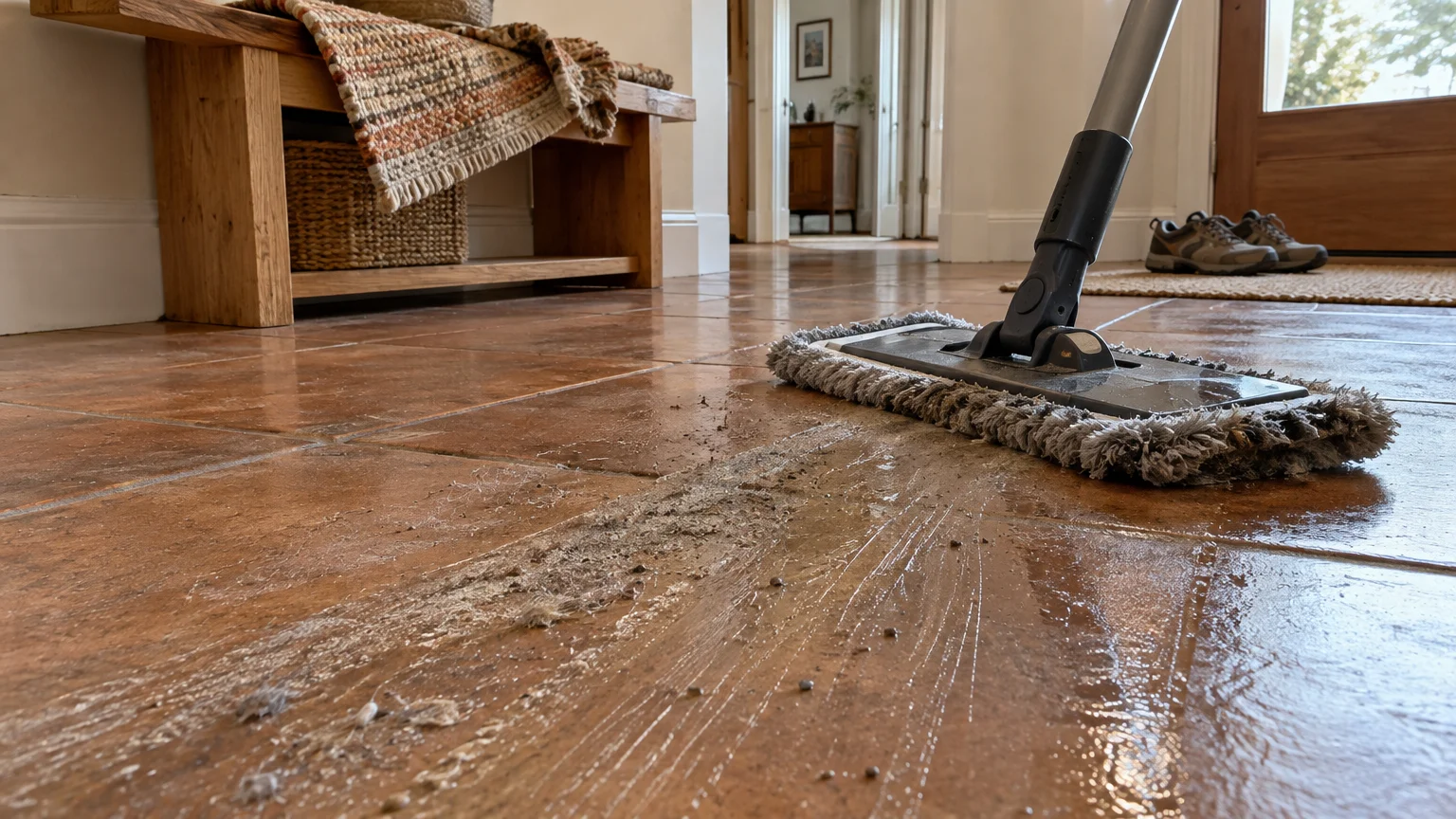 A flat mop smears wet dirt, hair, and grit across brown ceramic tile flooring in an entryway hallway.