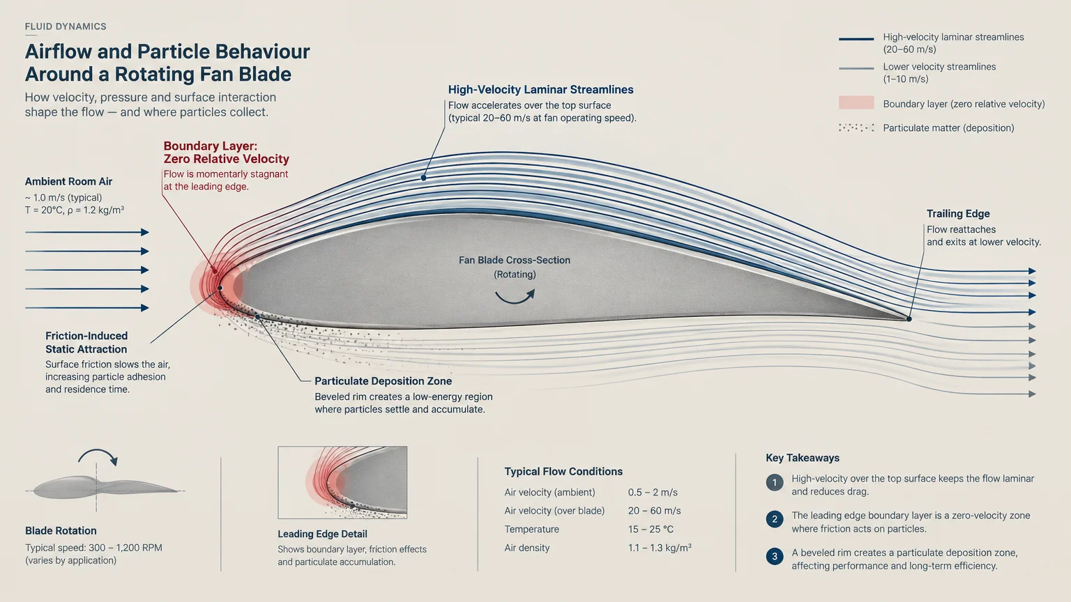 Diagram of airflow streamlines around a rotating fan blade cross-section highlighting particle deposition at the leading edge.