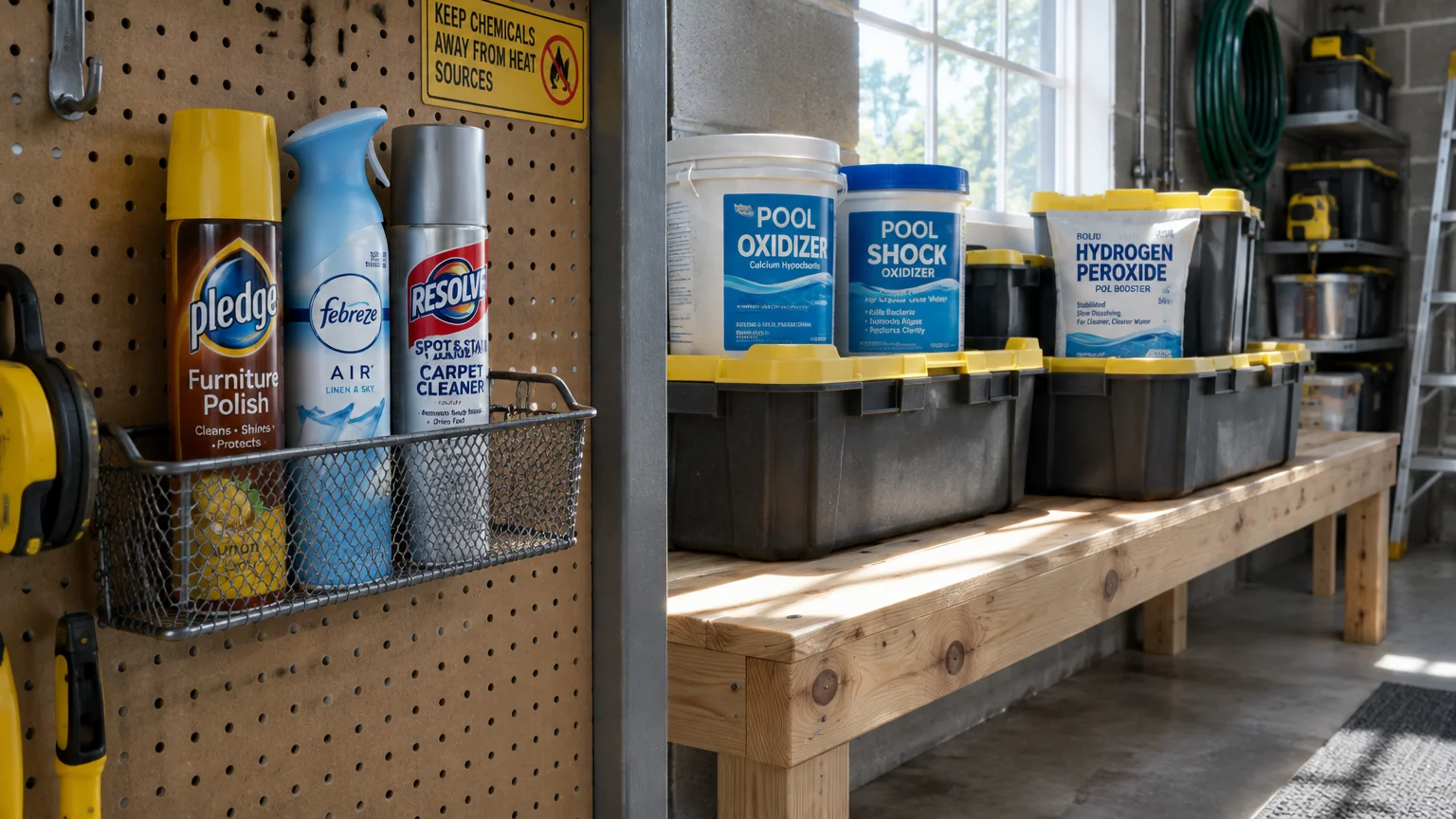 Aerosol spray cans in a wire basket on a pegboard next to tubs of pool oxidizer, pool shock, and hydrogen peroxide.
