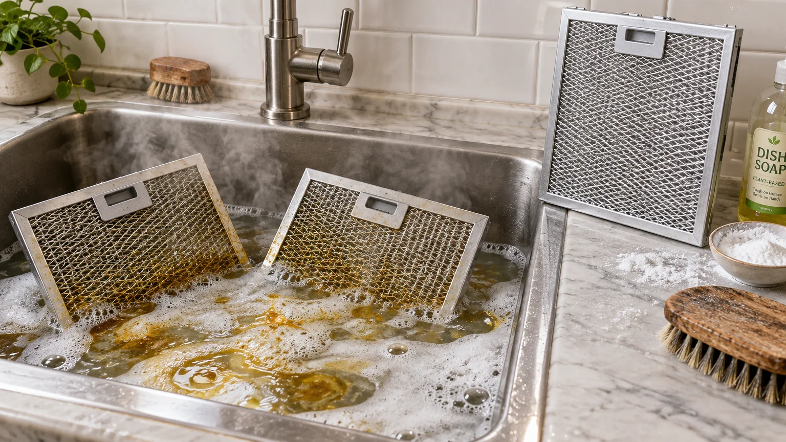 Metal range hood filters soaking in soapy water in a kitchen sink beside a clean filter, dish soap, and baking soda.