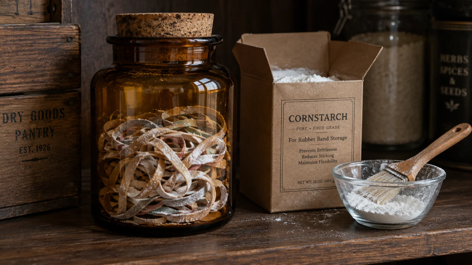 Amber glass jar filled with powdered rubber bands beside a box of cornstarch, a small bowl, and a brush on a wooden shelf.