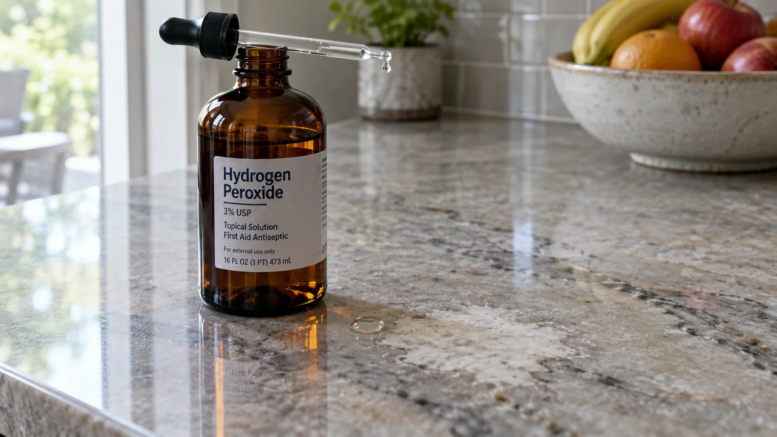 An amber bottle of hydrogen peroxide sits on a polished stone countertop next to a spilled drop and a discolored patch.