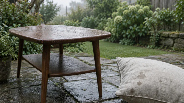 Wet wooden coffee table and fabric throw pillow sitting outside on a stone patio in the rain.