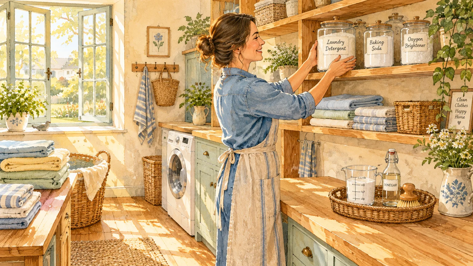 Illustration of a smiling woman in an apron organizing labeled glass jars of supplies onto rustic wooden laundry room shelves.