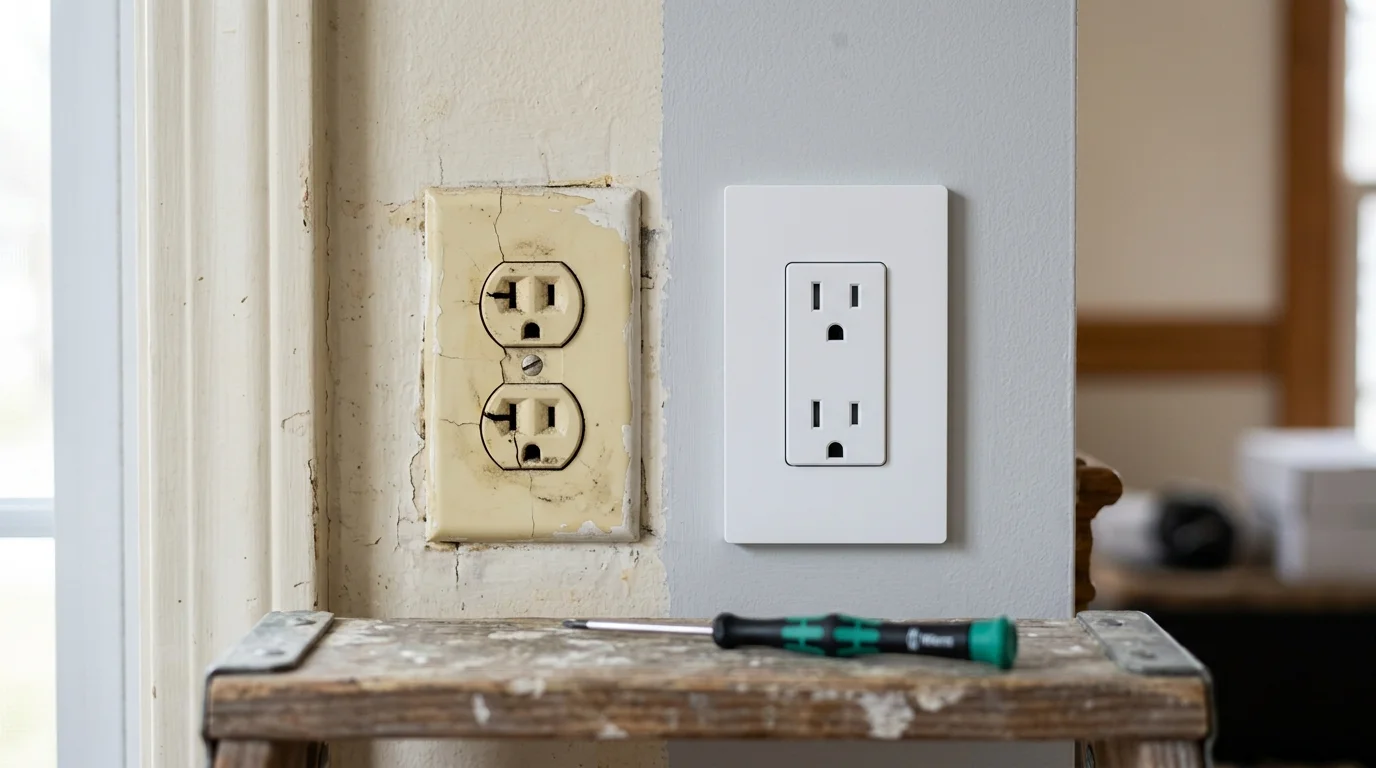 A side-by-side comparison of an old cracked, yellowed wall outlet next to a new modern white outlet and cover plate.