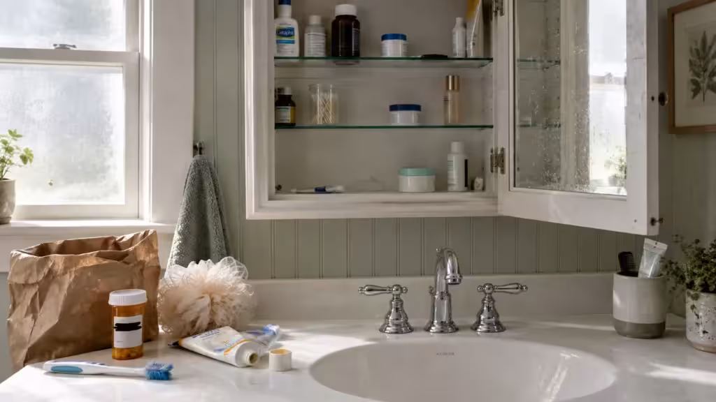 Open medicine cabinet above a bathroom sink with an old toothbrush, pill bottle, and toiletries on the counter.