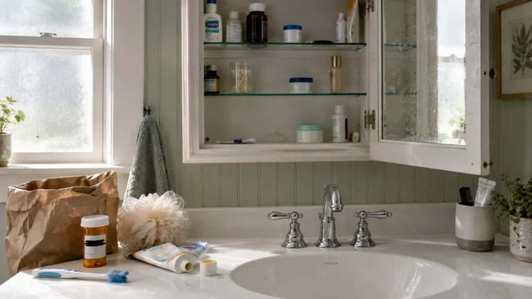 Open medicine cabinet above a bathroom sink with an old toothbrush, pill bottle, and toiletries on the counter.