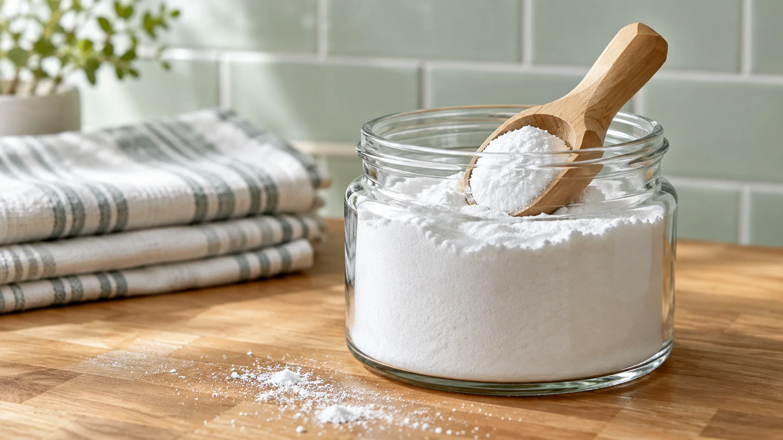 White powder filling a clear glass jar with a wooden scoop on a wooden counter beside folded towels.