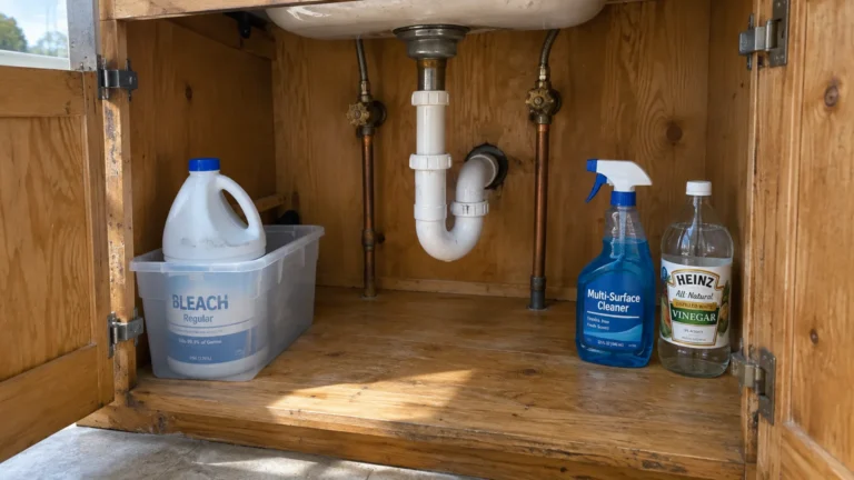 Open wooden under-sink cabinet with a jug of bleach on the left and spray cleaner and vinegar on the right.