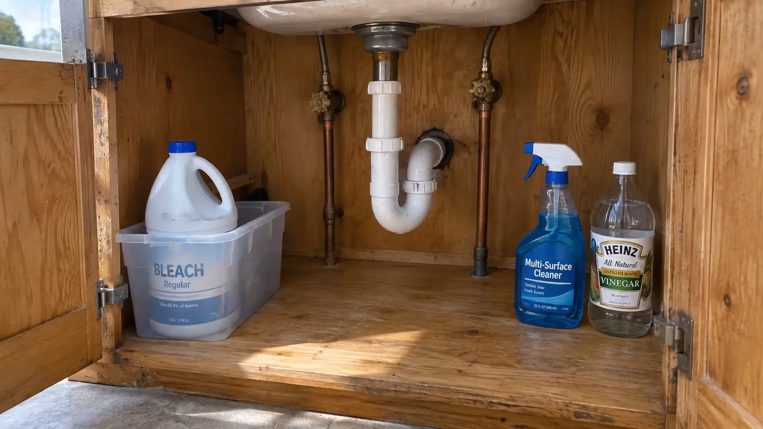 Open wooden under-sink cabinet with a jug of bleach on the left and spray cleaner and vinegar on the right.
