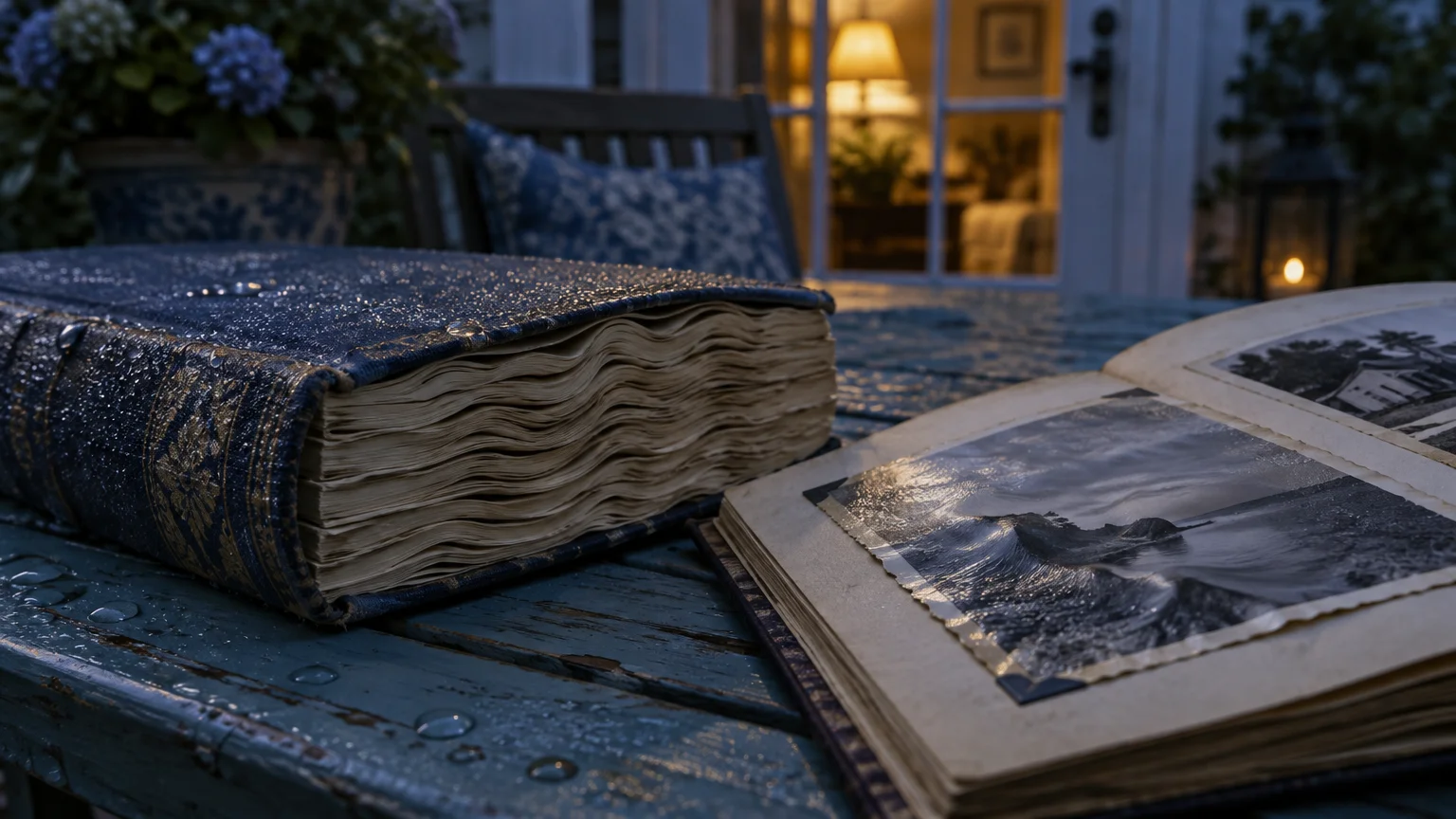 Water droplets on a closed book with wavy warped pages next to an open photo album on an outdoor table at dusk.