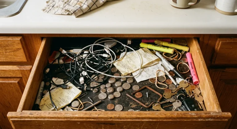 An open wooden kitchen drawer filled with tangled charging cables, loose coins, keys, highlighters, and old receipts.