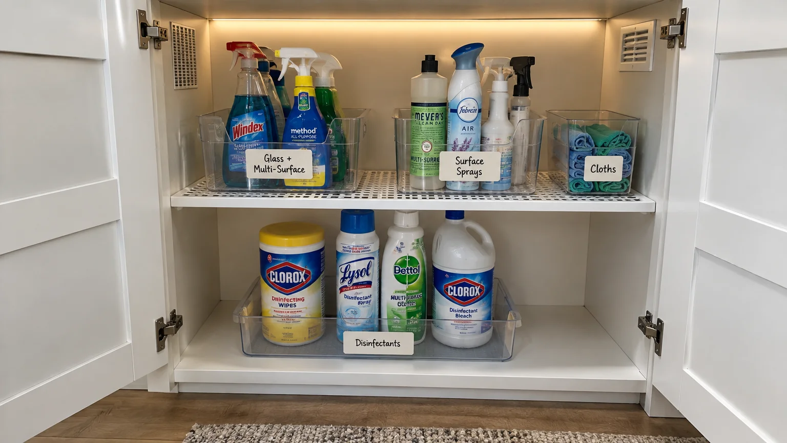 Cleaning supplies, sprays, and wipes organized inside labeled clear bins across two shelves in a white cabinet.