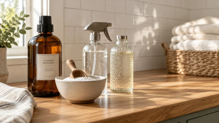 Glass bottles of laundry detergent and spray, a bowl of washing powder with a wooden scoop, and folded towels on a counter.