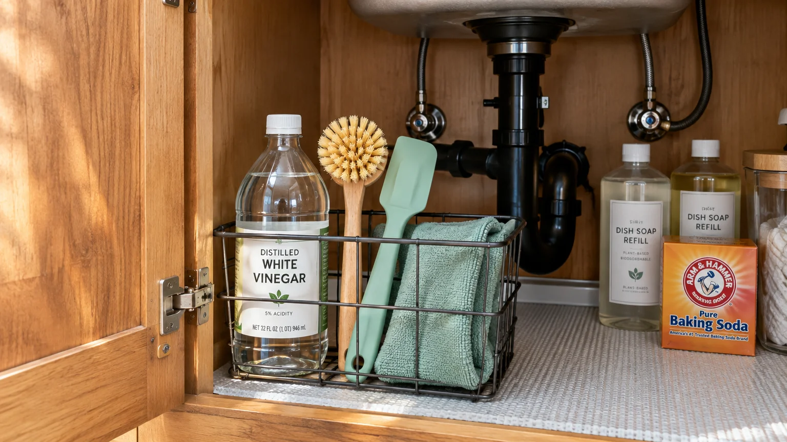 Cleaning supplies including white vinegar, a dish brush, spatula, cloth, and baking soda organized under a sink.
