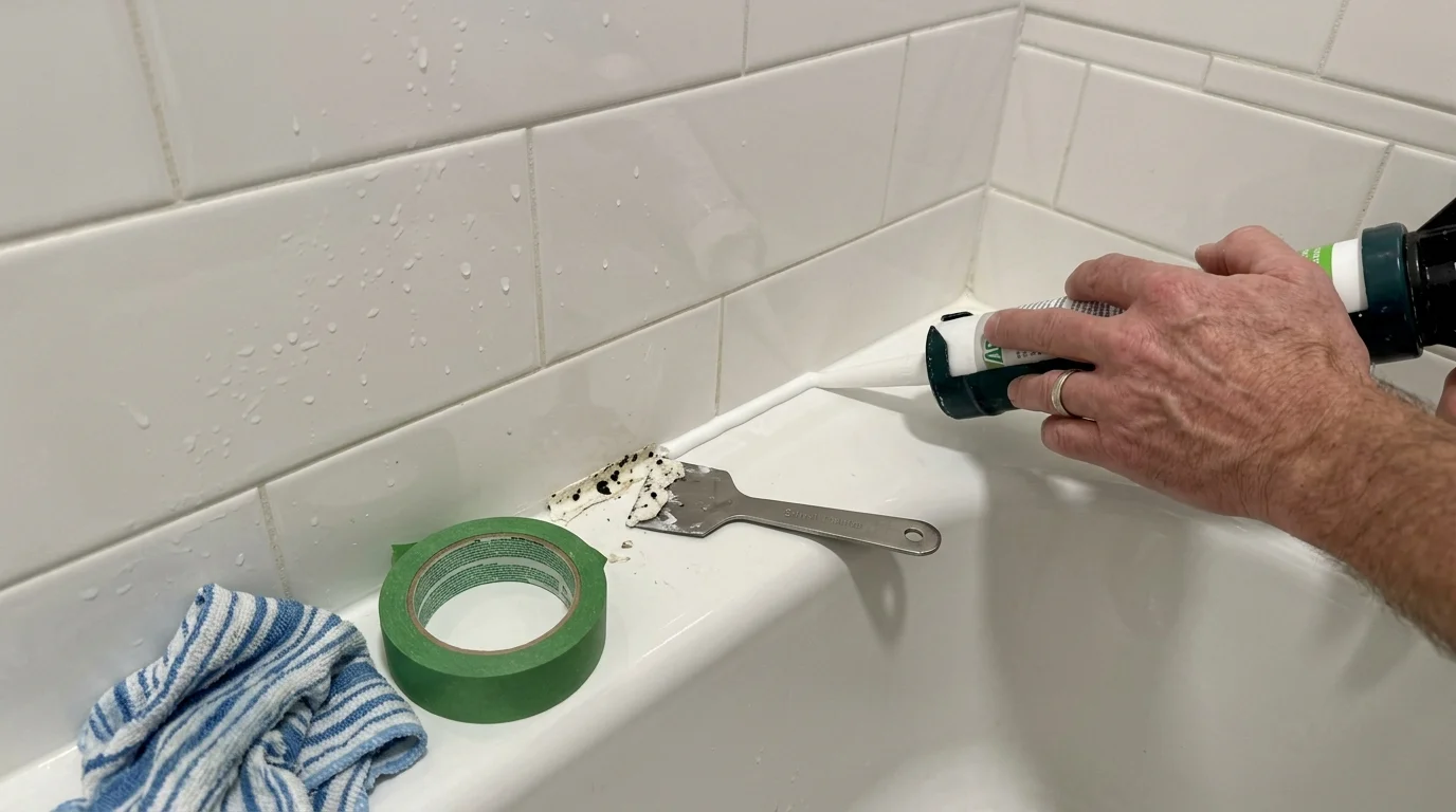 A person applies white silicone caulk along a bathtub seam next to painter's tape and a scraper with old caulk.