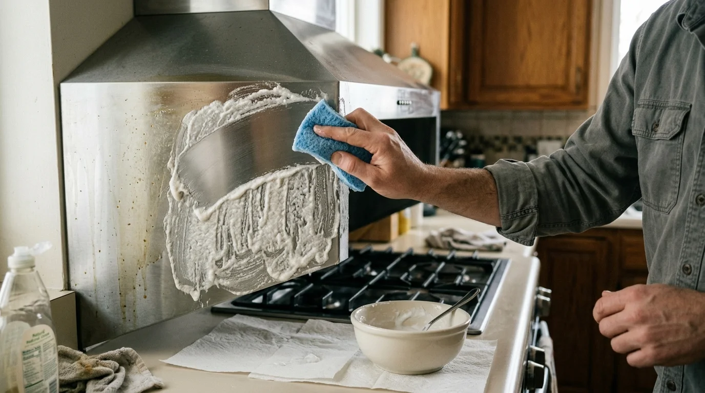 A person using a blue sponge to wipe thick white cleaning paste off a greasy stainless steel range hood.
