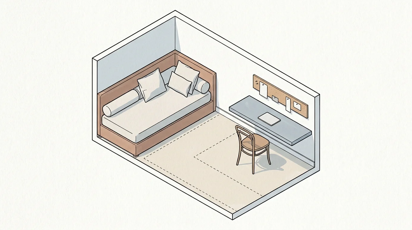 Isometric illustration of a small bedroom with a daybed tucked in the corner opposite a floating desk and chair.