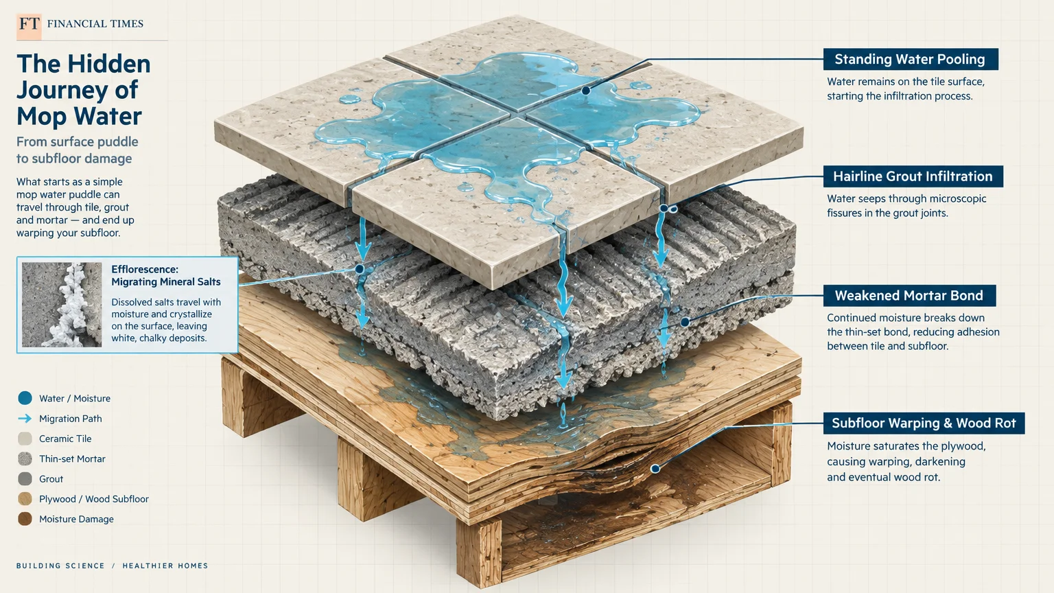 Cutaway diagram showing standing water seeping through tile grout joints, thin-set mortar, and into rotted wood subfloor.