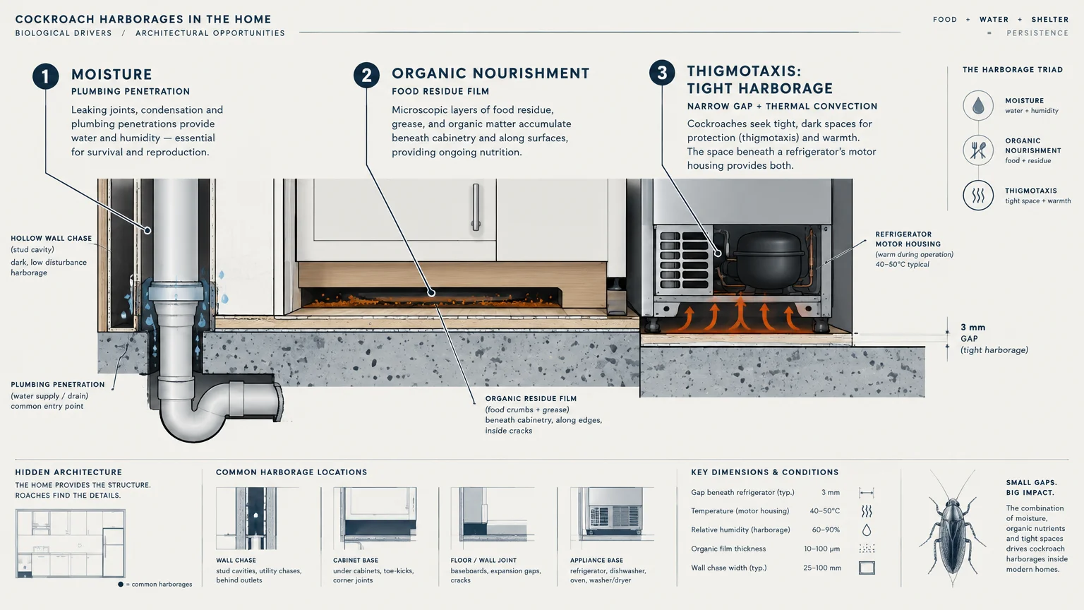 Cross-section diagram detailing cockroach harborages, moisture from plumbing, organic residue, and refrigerator motor gaps.