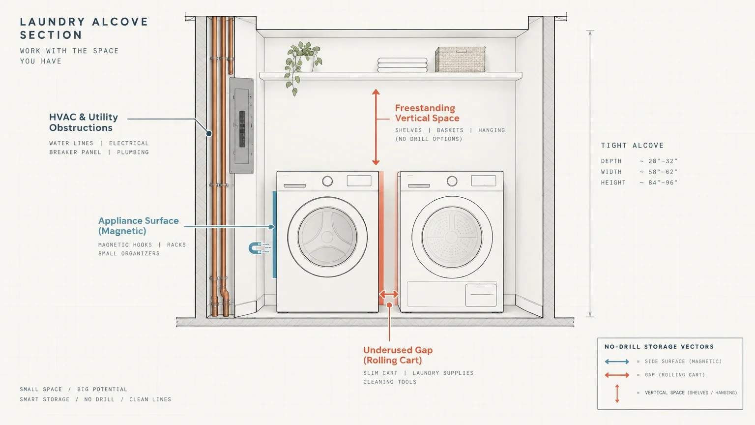 Architectural diagram of a laundry alcove highlighting utility obstructions and no-drill storage zones around appliances.