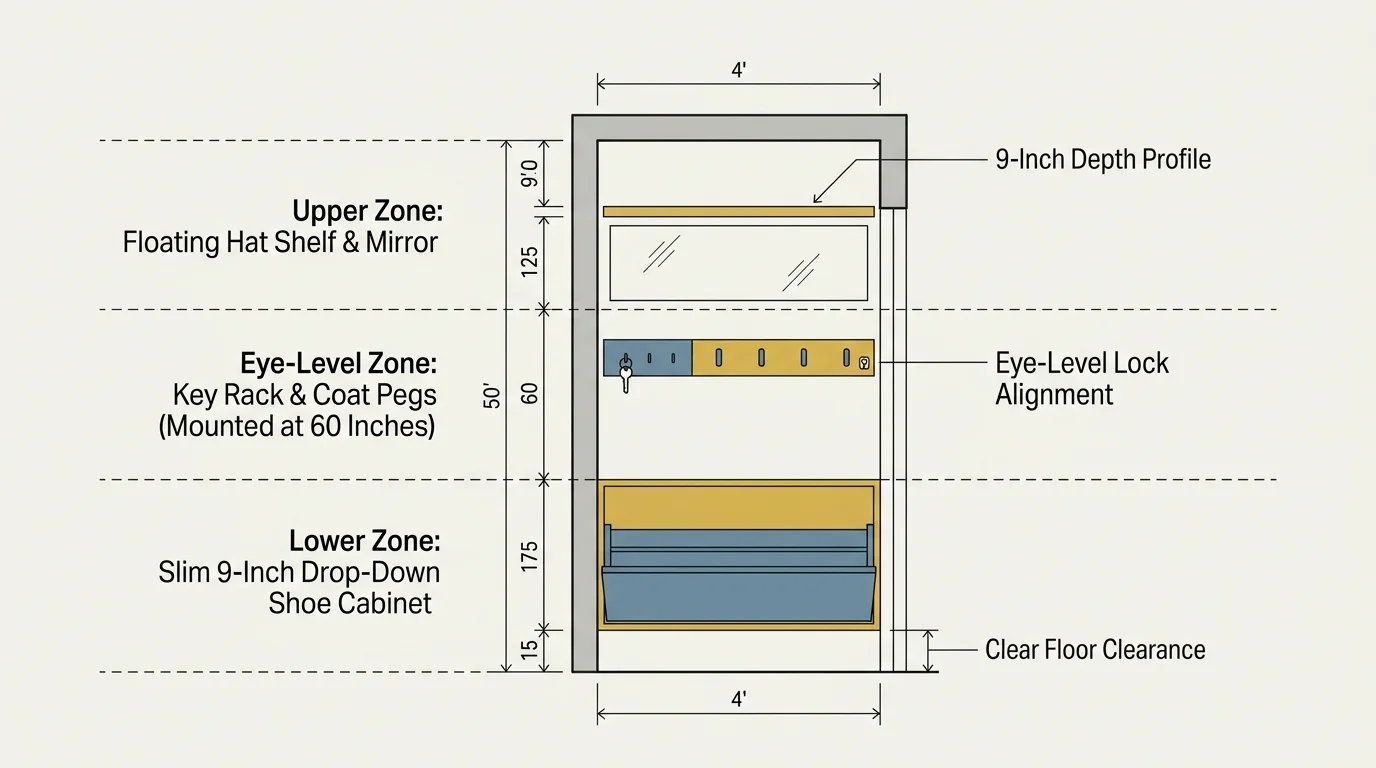 Diagram of a 4-foot entryway wall divided into upper, eye-level, and lower zones with shelf, hooks, and shoe cabinet.