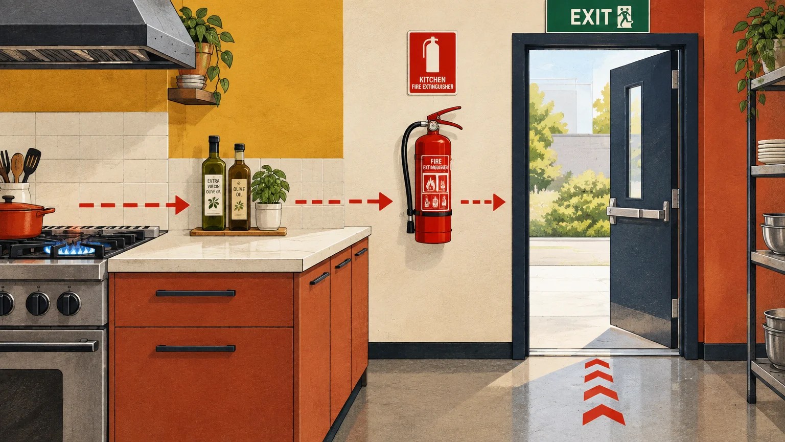 Illustration of a kitchen showing a fire extinguisher mounted on the wall beside an open exit door.