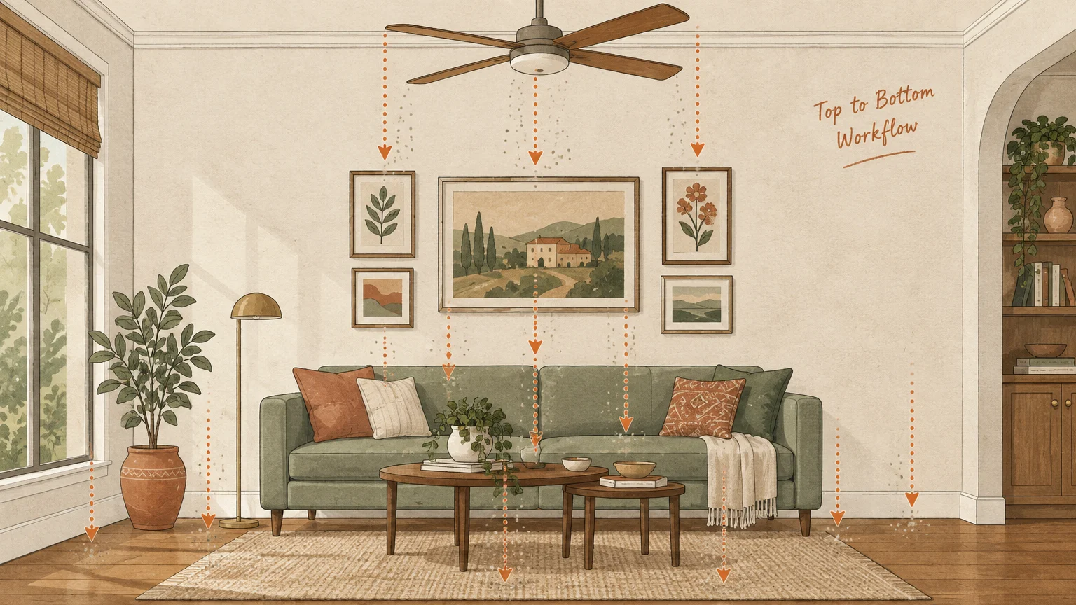 Illustration of a living room showing downward arrows and dust falling from a ceiling fan onto furniture and flooring.
