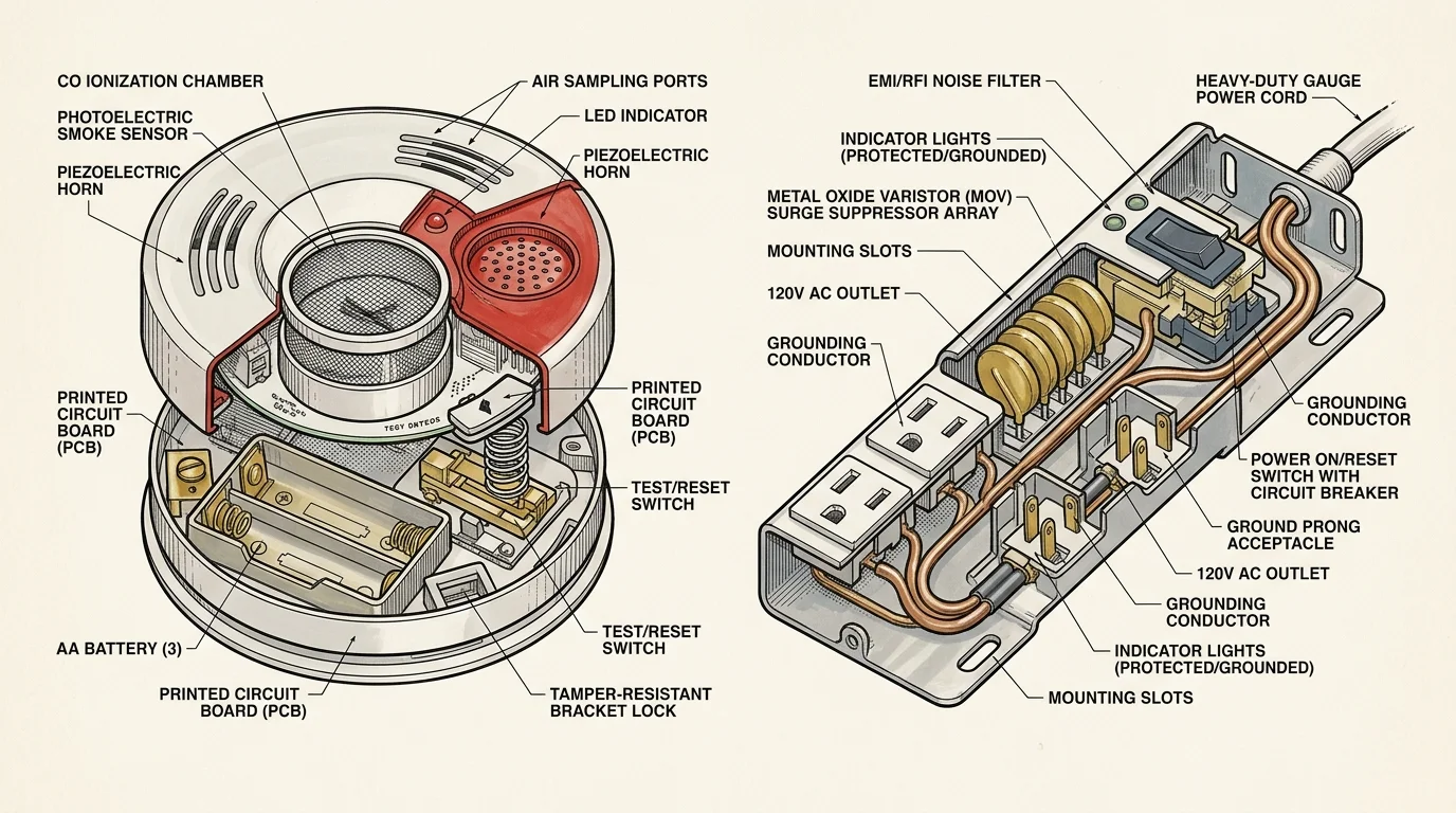 Cutaway diagram labeling internal components of a smoke detector alongside an exposed surge protector power strip.