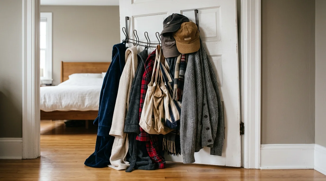 White bedroom door with an over-the-door rack overloaded with heavy coats, bathrobes, tote bags, and baseball caps.