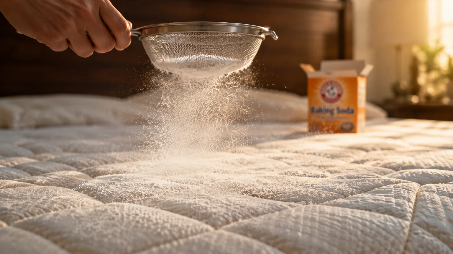 A hand sifts white baking soda through a metal mesh strainer onto a quilted mattress beside an open orange box.