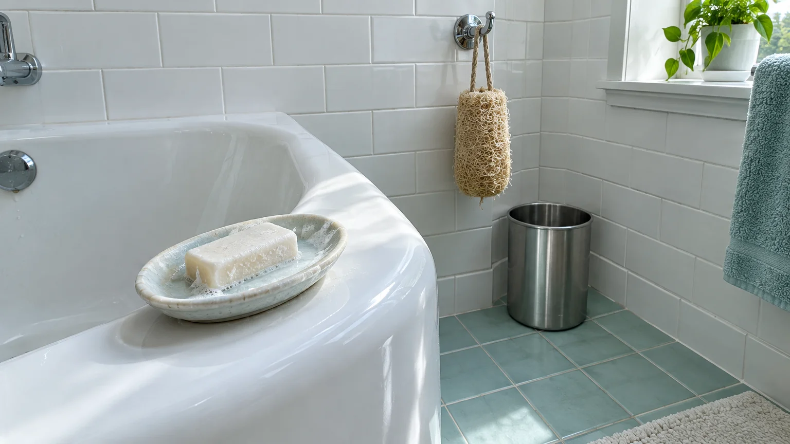 A bar of soap on a bathtub edge, beside a hanging sponge and a metal trash can in a tiled bathroom.