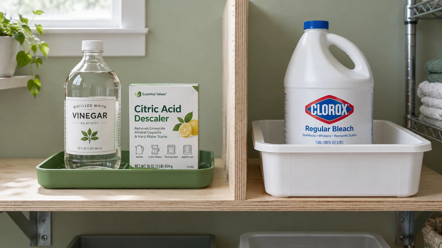 Distilled white vinegar and citric acid descaler separated by a wooden divider from a jug of Clorox bleach on a shelf.