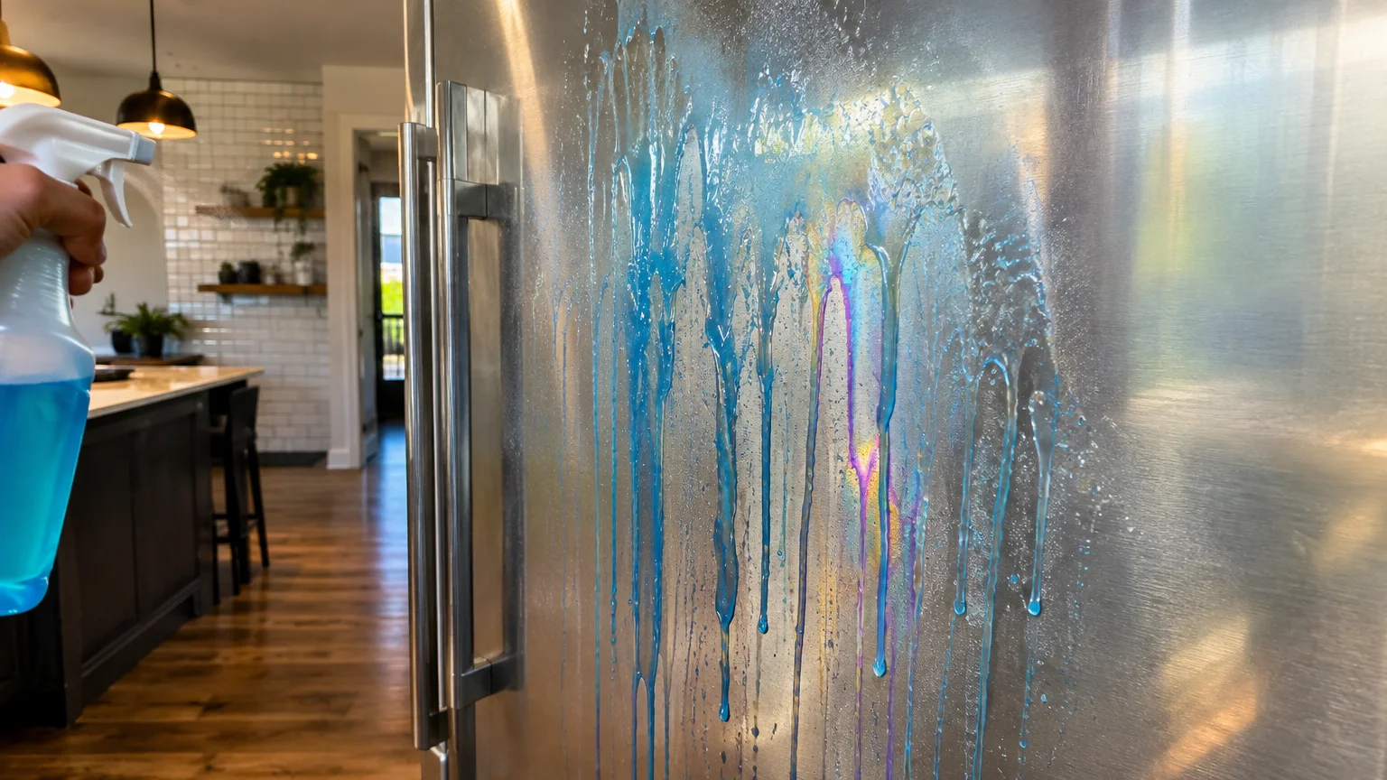 Blue liquid cleaner dripping down the side of a stainless steel refrigerator door next to a spray bottle.