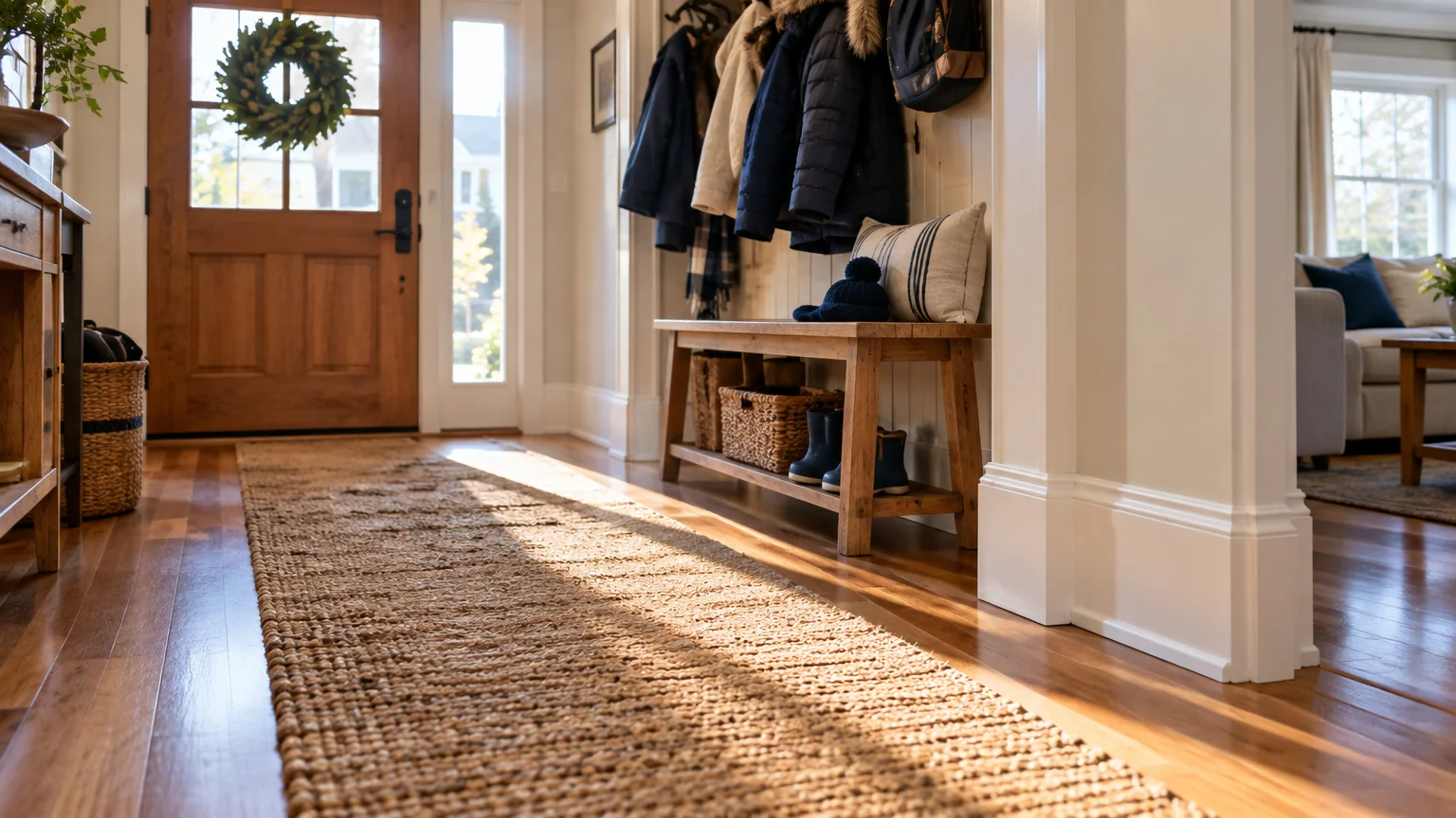 Hallway entryway with a long woven runner rug, white baseboards, hardwood floors, wooden bench, and front door.
