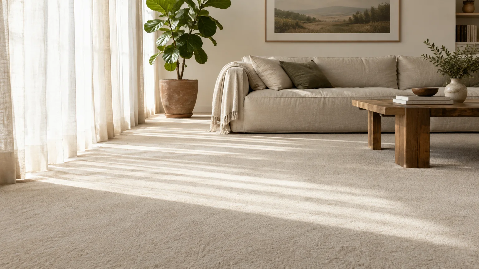 Bright, sunlit living room with clean beige carpeting, a low sofa, potted plant, and a rustic wooden coffee table.