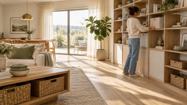 A woman organizes storage boxes on a large light-wood bookshelf in a bright living room with sliding glass doors.