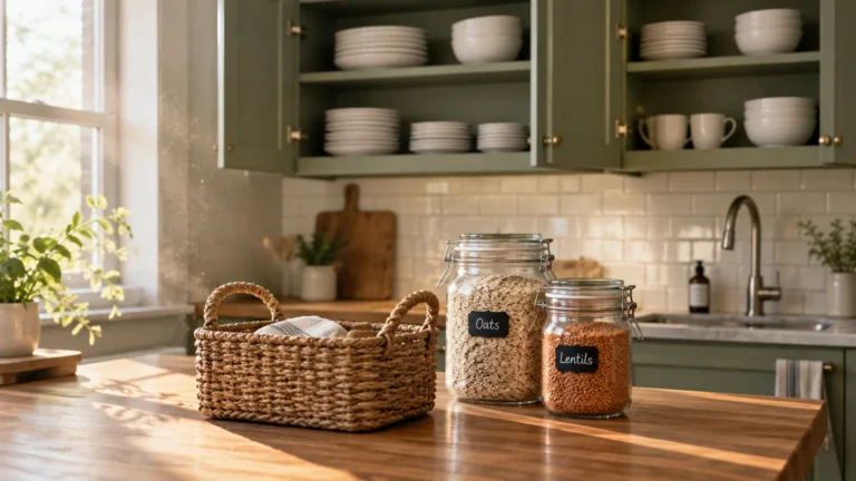 Glass jars of oats and lentils beside a woven basket on a wooden counter in front of open green kitchen cabinets.